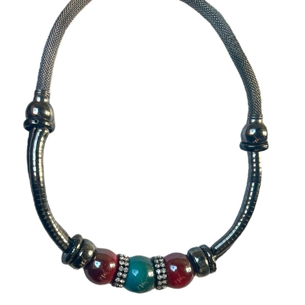 Chunky Metal Beaded Turquoise Red Adjustable Statement Necklace Y2K